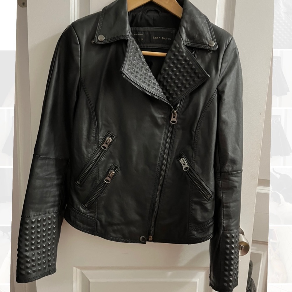 Zara Black Leather Jacket with Stud Detail